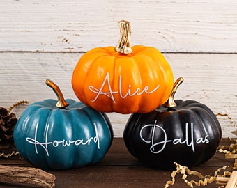 7PCS Custom Name Pumpkins Decorations, Assorted Colors Harvest Faux Artificial Pumpkins for Decorating Halloween Fall Thanksgiving Autumn