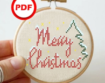 Merry Christmas Lettering Cross stitch mini embroidery Holly Christmas cross stitch chart