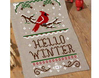 Hello winter Christmas red cardinal snowflakes cross stitch pattern  winter sampler primitive chart pdf