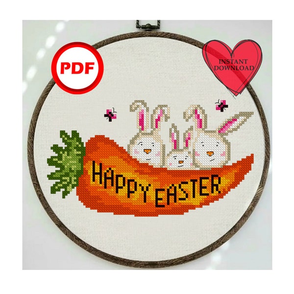 Happy Easter bunny with carrot cross stitch pattern pdf