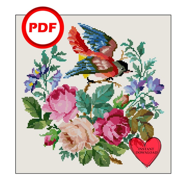 Bird on a branch in flowers vintage cross stitch pattern PDF counted digital stitch chart instant download