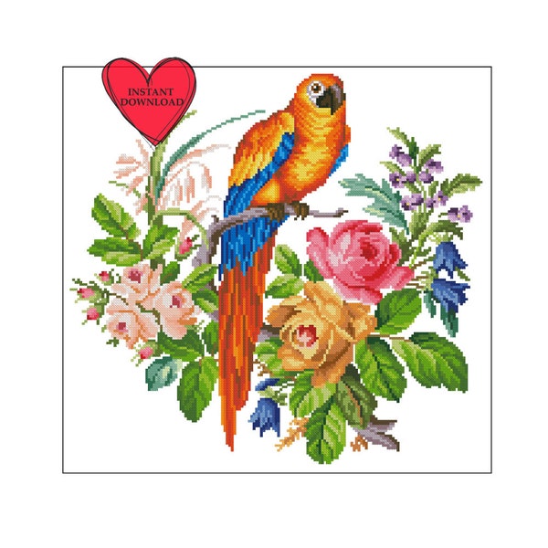 Vintage bird on flower branch cross stitch pattern retro antique sampler primitive bird flower embroidery pdf