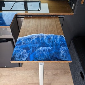 Handcrafted Campervan Stow table with Cast resin Wave