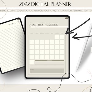 Könnte beinhalten: Eine digitale Planer-Vorlage für 2022 mit einem Monatskalender, einem Notizbereich und einem anpassbaren Notizbuchcover. Die Vorlage ist für die Verwendung mit Anmerkungs-Apps konzipiert und enthält verlinkte PDF-Dateien.