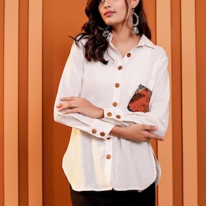 Women Shirt ,Handmade Khadi Cotton Shirt for Women, Natural Long Sleeve Summer Shirt, Eco Friendly Boho Clothing, Applique And Patching Work