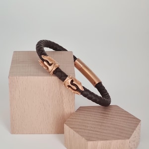 Spartan Helmet Bracelet for Men, Braided Rubber Cord Bracelet, Rose Gold Plated Stainless Steel Jewelry, Warrior Gift, Mythology Accessory