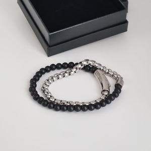 Onyx Beaded Bracelet for Men – 6mm Matte Black Beads, Double Wrap 40cm (15.75 in), with Stainless Steel Chain and Clasp