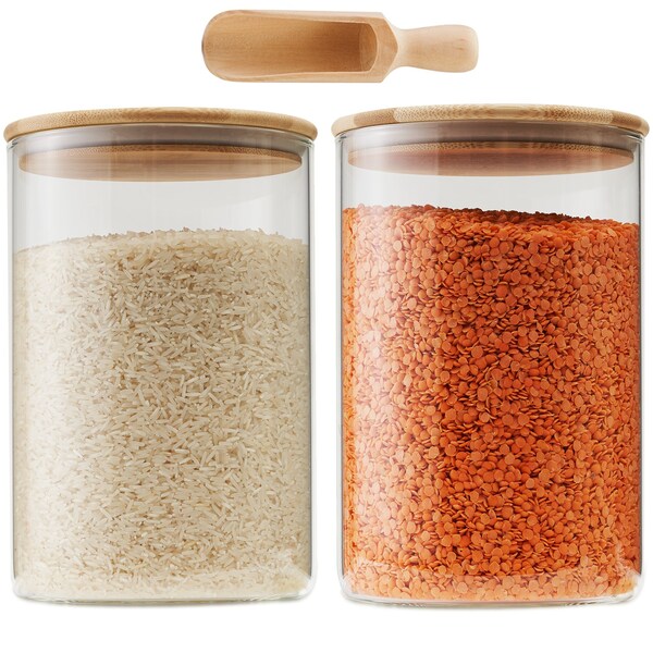 Glass Jars with Airtight Bamboo Lids 2 Pcs 100 OZ, Flour and Sugar Containers with Wooden Scoop and Pre-printed Labels, Glass Canister