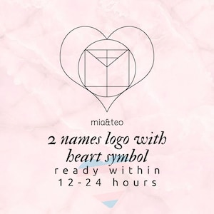 May include: A black and white geometric heart symbol with the text "mia&teo" and the text "2 names logo with heart symbol ready within 12-24 hours" below the symbol. A transgender pride flag is at the bottom of the image.