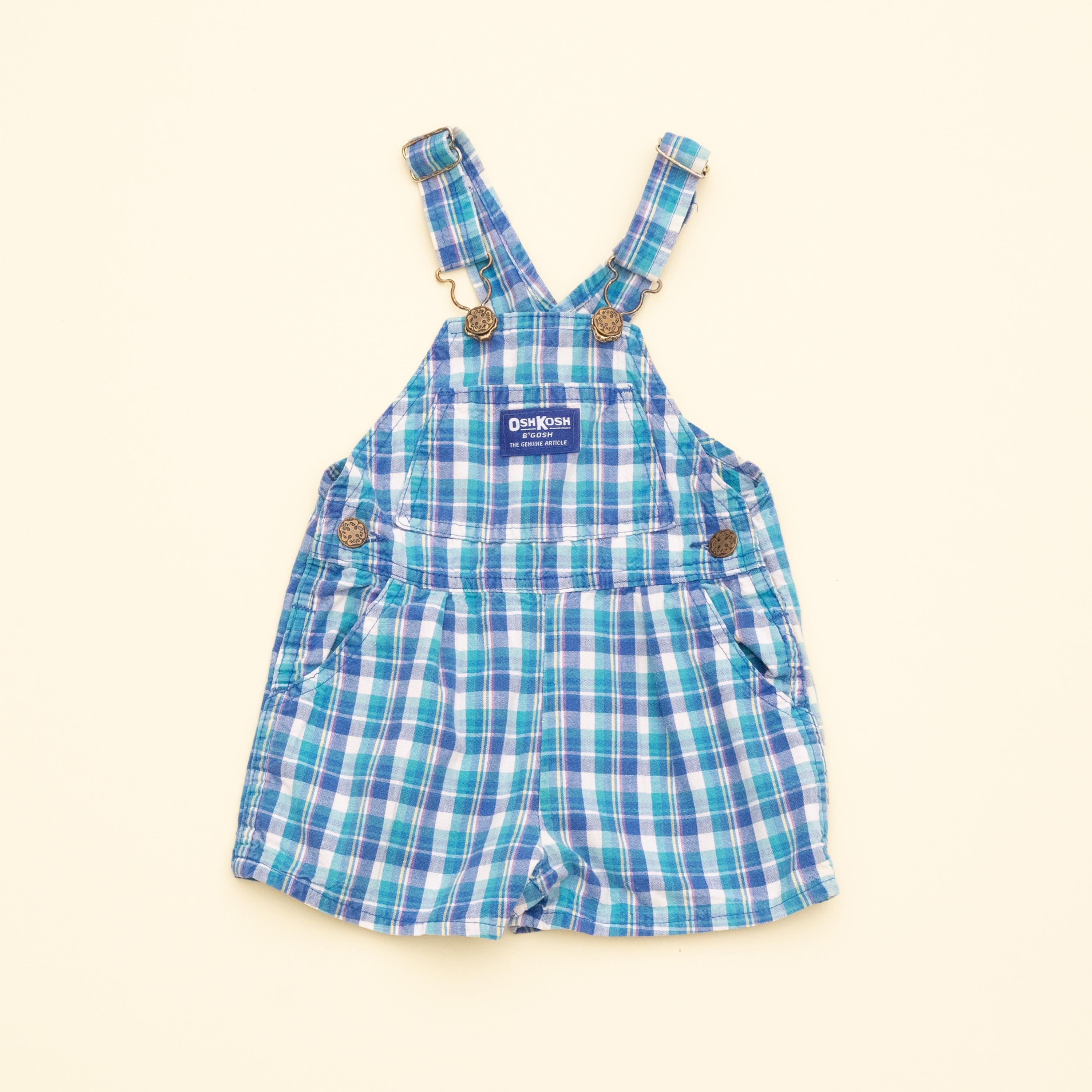 Vintage Oshkosh B'gosh Blue Checkered Short Overalls Kids 18-24M