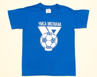 Vintage YMCA Soccer T-shirt, Youth Kids Blue Teejays, 80s 90s