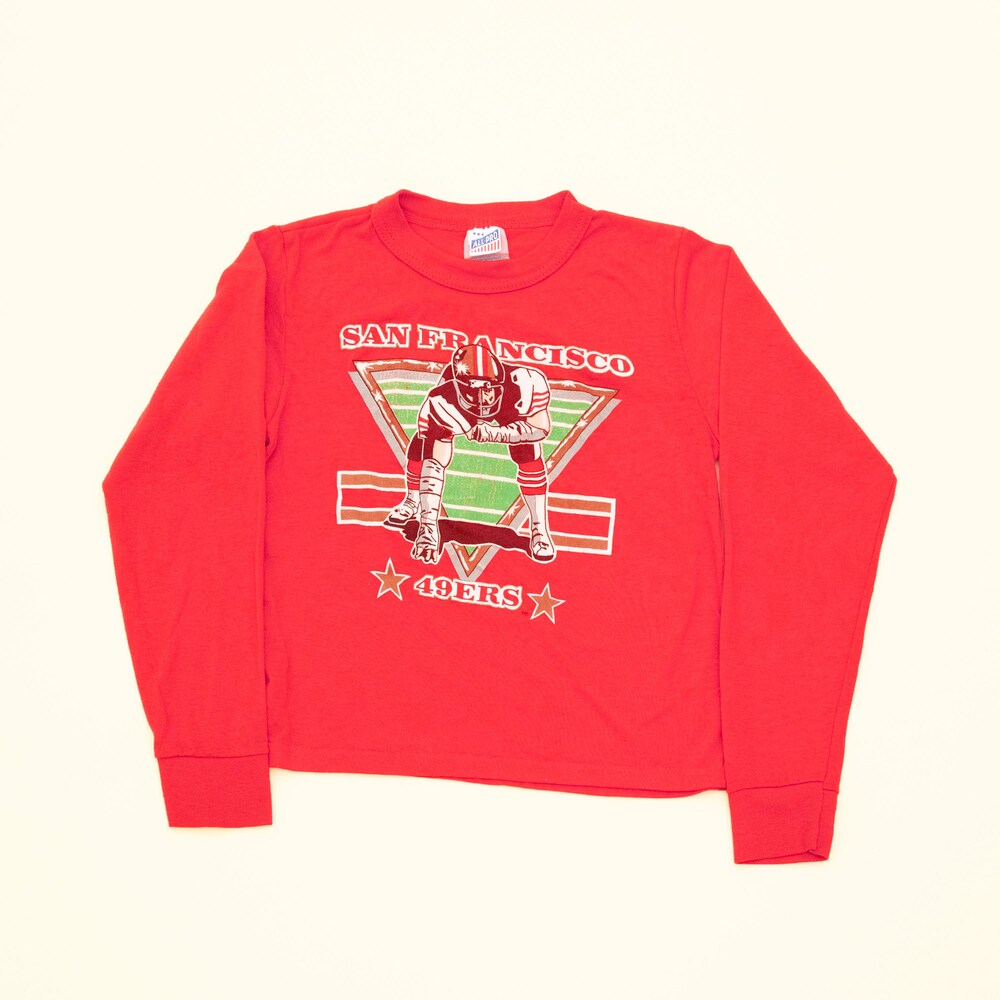 Vintage 80S San Francisco Football T-Shirt: Red Long Sleeves Crewneck Tee, Kids 10-12, Single Stitched, Made In Usa Sportswear