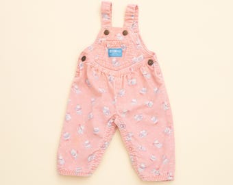 Kids Vintage rare OshKosh B&#39;Gosh Pink Corduroy Printed Overalls, 6-9M Baby, Made in USA
