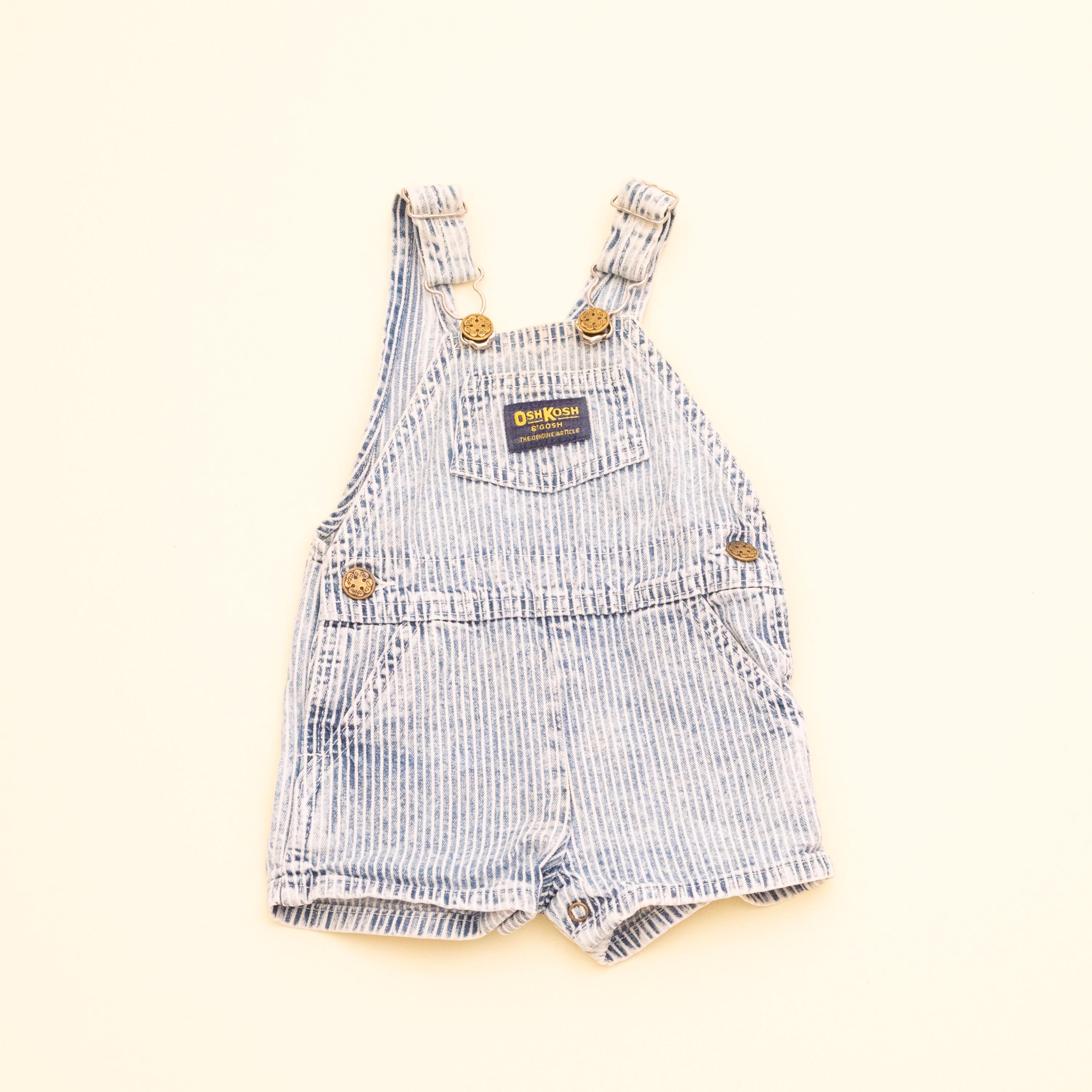 Vintage OshKosh B'Gosh Hickory Stripes Short Overalls, Kids 6-9M, Made in USA, Shortalls