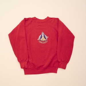 May include: Red sweatshirt with a vintage NASA space shuttle patch featuring the words "Columbia" and "Young-Crippen".