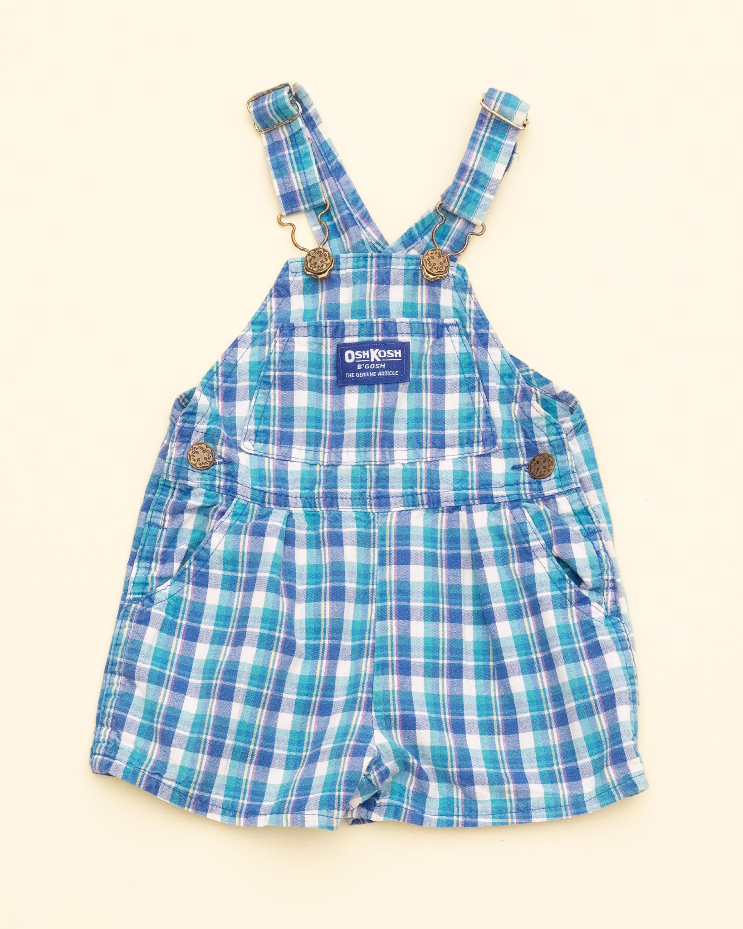 Vintage Oshkosh B'gosh Blue Checkered Short Overalls Kids 18-24M