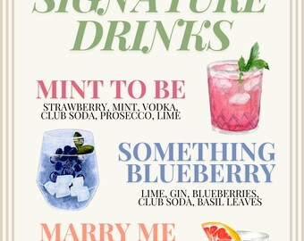 Letrero con menú de barra de bebidas con firma para bodas: plantilla digital personalizable para bodas y despedidas