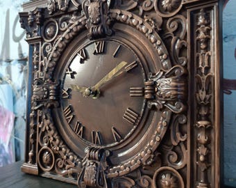 Silent Baroque Wall Clock 28cm, Square Frame with Cherubs – Ornate Antique Patina Finish – Elegant Vintage Decor