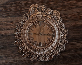 Small Shabby Chic Clock with Angels and Roses, French Style Victorian Romantic