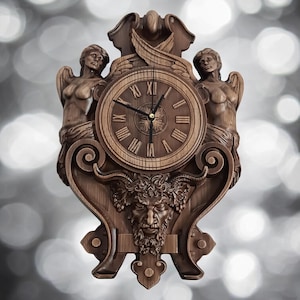 Close-up of a carved horned grotesque face on a wooden clock with a deep patina finish.