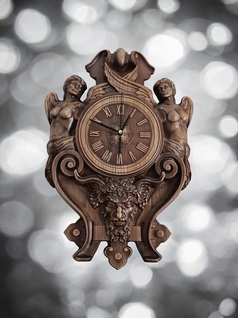 Close-up of a carved horned grotesque face on a wooden clock with a deep patina finish.