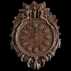 Art Nouveau Wooden Wall Clock with Roman Numerals, Serpent and Fairy Nymph Carving, Dark Fantasy Gothic Decor