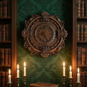 May include: A detailed image of a room with a large, ornate wooden clock on a green patterned wall. Flanking the clock are bookshelves filled with books. Lit candles in brass holders sit on a wooden surface, with two stacked books in front.