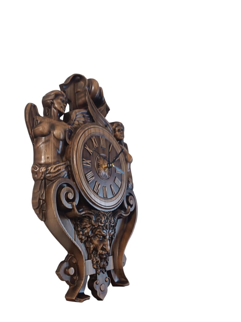 Side view of a 3D carved wooden clock showing the depth of the Gothic ornaments and ash wood texture.