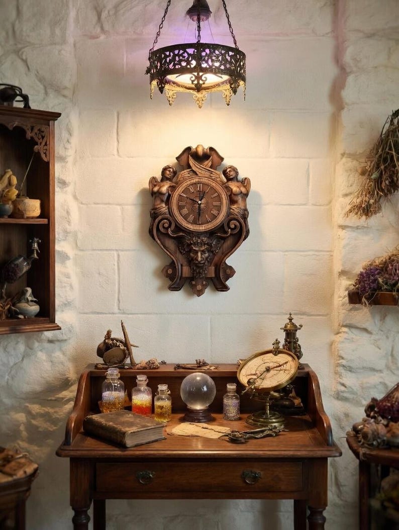 Gothic carved wood clock hanging on a wall in a dark academia style study