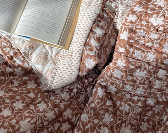 Hand Block Printed Quilt, Floral Quilt, Cotton Bed Cover, Block Printed warm quilt, Winter Quilt, Floral Cotton Quilt, Christmas Gift Quilt