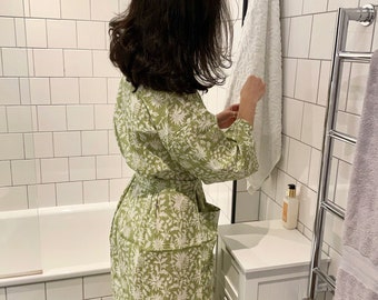Dressing Gown Beautiful Floral Robe Block Printed Kimono Robe Made in India 100% Cotton Green Floral Robe Gift for Her