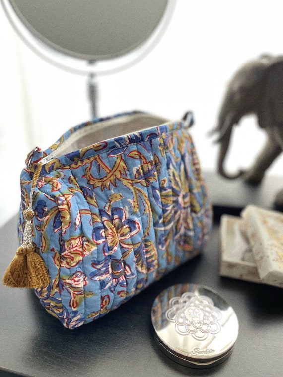 Makeup Pouch Make up Bag Toiletry Bag Skincare Bag Travel Makeup Bag Blue Floral Bag Makeup Pouch Floral Bag Cotton Block Printed Bag