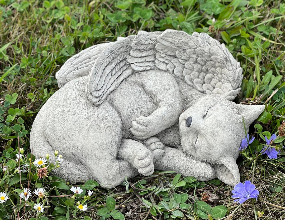 Cat Angel Statue Stone Sleeping Cat Figurine Pet Memorial Headstone