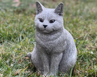 Grey cat statue Stone cat figurine Tabby cat Sculpture Outdoor Lawn Ornament Backyard decor Concrete Cat Memorial decoration Pet Statue