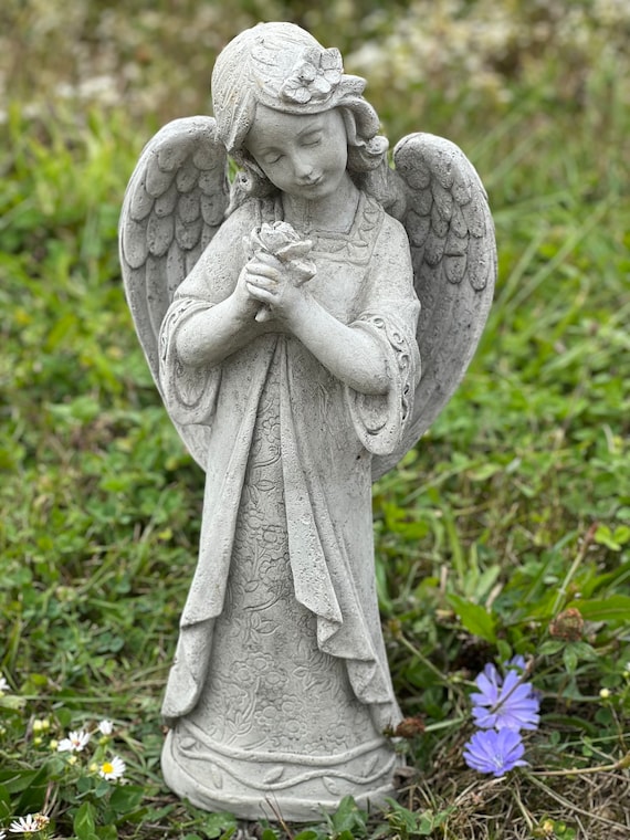 Angel Standing Holding Flowers Guardian Angel Statue Concrete