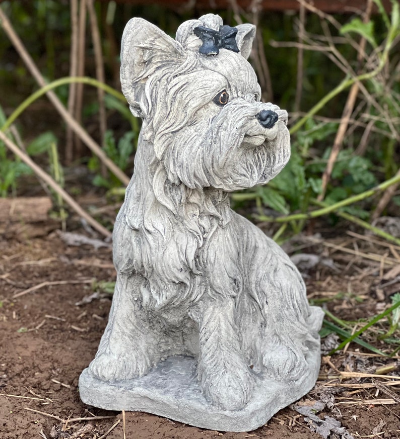 Large Yorkshire terrier statue Concrete Yorkie figurine Black White Yorkie sculpture Garden animal Zen garden ornament Life size statue image 5