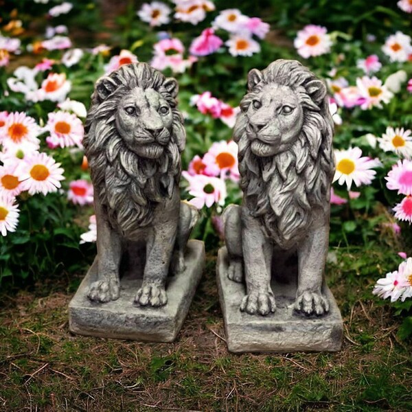 Paire de lions en béton pour entrée Statues de lion extérieures Paire de lions en pierre Sculpture Statue de lion de jardin Ornement de porte Statue de jardin