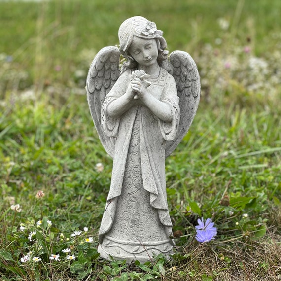 Angel Standing Holding Flowers Guardian Angel Statue Concrete Angel Figurine  Religious Statues Memorial Angel Sculpture Garden Decor 