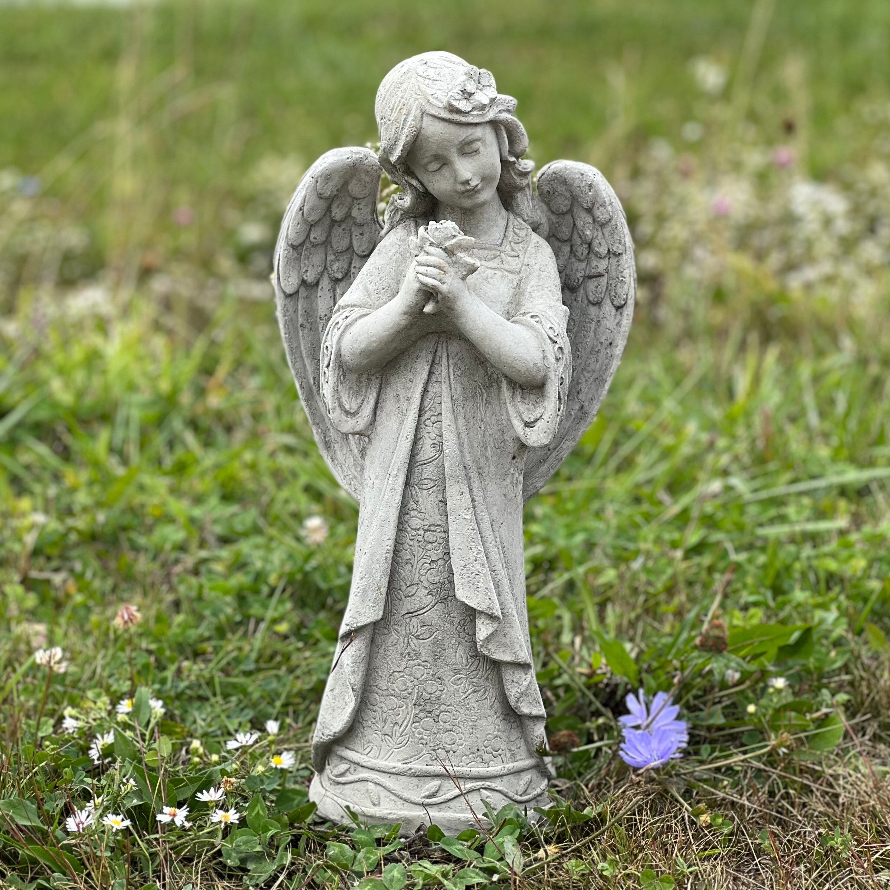 Ange debout tenant des fleurs statue d'ange gardien figurine d'ange en  béton statues religieuses sculpture d'ange commémoratif décor de jardin -   France