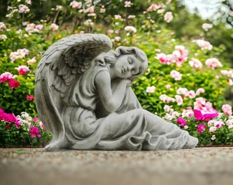 Massive concrete angel on base with foot out statue Large sitting angel figurine Outdoor garden and backyard decoration