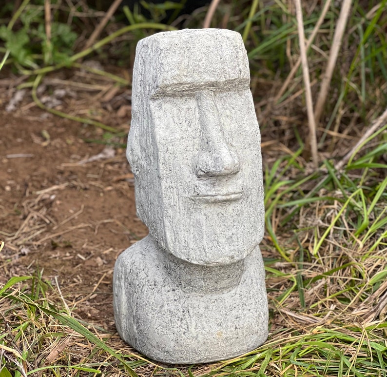 Statues Moaï De L'île De Pâques - Lot De 2 Têtes En Grès Gris, Décor Jardin, Pierre Décorative, Résistantes Aux Intempéries