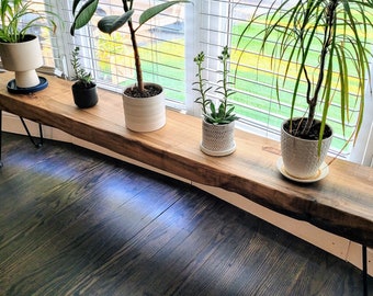 7" Narrow Maple Live Edge Bench With Hairpin Legs | Solid Ash Hardwood Rustic Modern Entryway / Mud Room Furniture | Unique Plant Display |