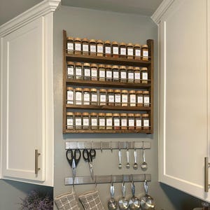 Stylish 20&quot;-28&quot; Wide - 4 Shelf Solid Wood Spice Rack | Brass or Stainless Steel Bars | Unique Countertop or Mountable Kitchen Pantry Storage