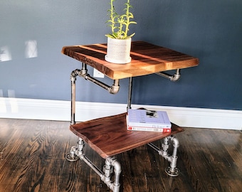 Unique S-Shaped Industrial Steel Pipe Live Edge Black Walnut Side / End Table | Rustic Metal & Wood Bedside Night Table With Storage Shelf