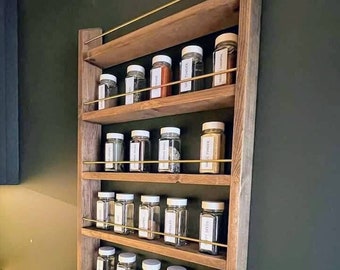 18" Wide Classy Brass Rod Spice Rack | Unique 1-8 Shelf Wall Mounted / Countertop Spice Holder | Modern Rustic Pantry Organization Storage