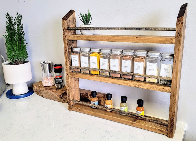 Unique 9-72 Jar Spice Rack Multi-Color Choice Wall Mounted Or Countertop Spice Holder Rustic Kitchen Pantry Spice Organization Storage image 4