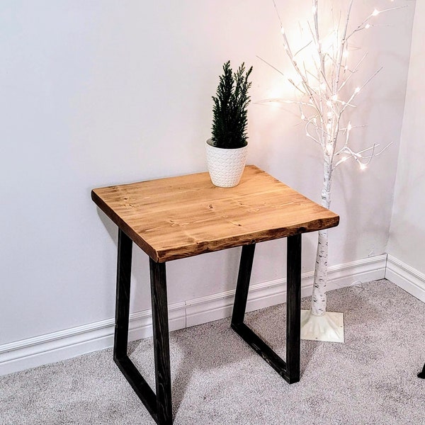 Solid Wood End Table With Dark Legs | Handmade Live Edge Night Stand | Unique Rustic Side Table / Turntable Or Speaker Table | Free Delivery
