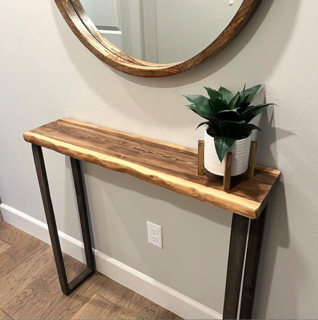 Solid Wood Narrow Live Edge Console Table With Wooden Legs Rustic