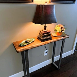 Solid Wood Narrow Live Edge Console Table With Wooden Legs | Rustic Modern Entryway Mud Room Furniture | Handmade Walnut Color Sofa Table