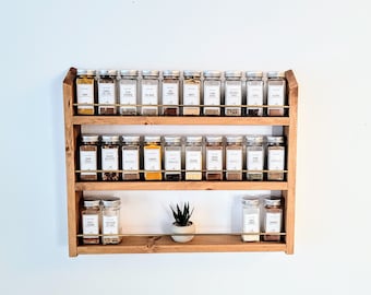 Stylish 20"-28" Wide 3 Shelf Solid Wood Spice Rack | Unique Kitchen Pantry Storage